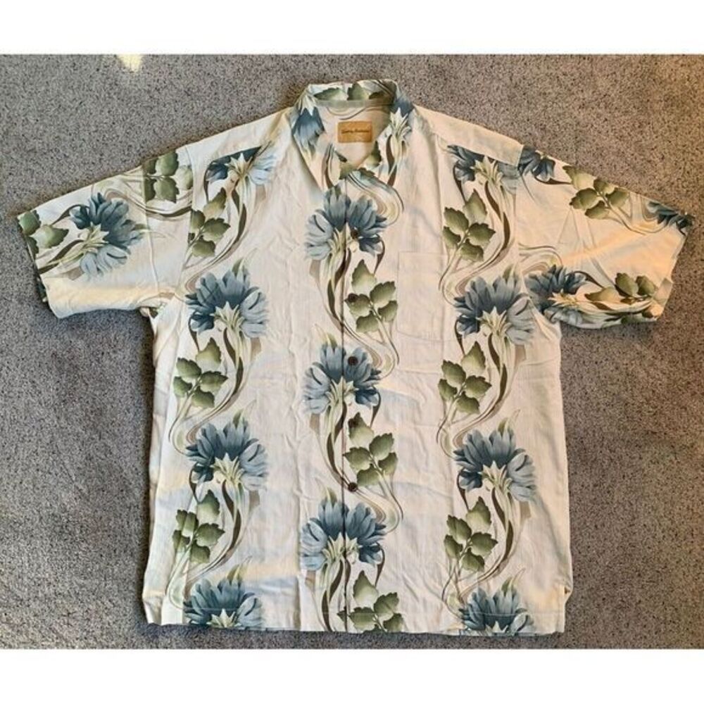 Tommy‎ Bahama Mens Hawaiian Silk Cream Floral Shirt Large Summer Cruise